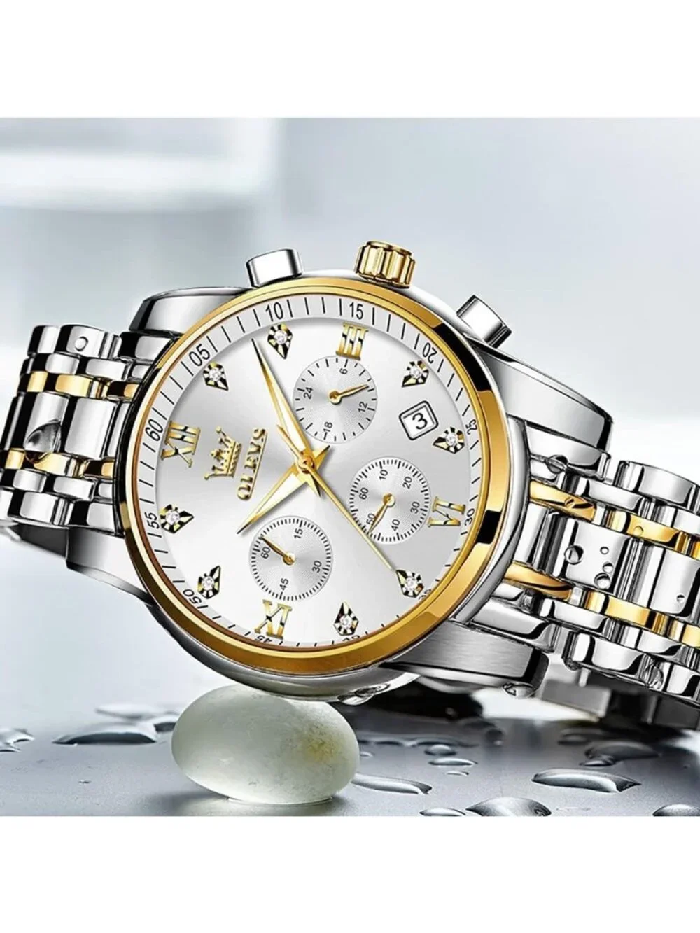 Men's  White Face/Two Tone Strap Stainless Steel Chronograph Waterproof  Watch